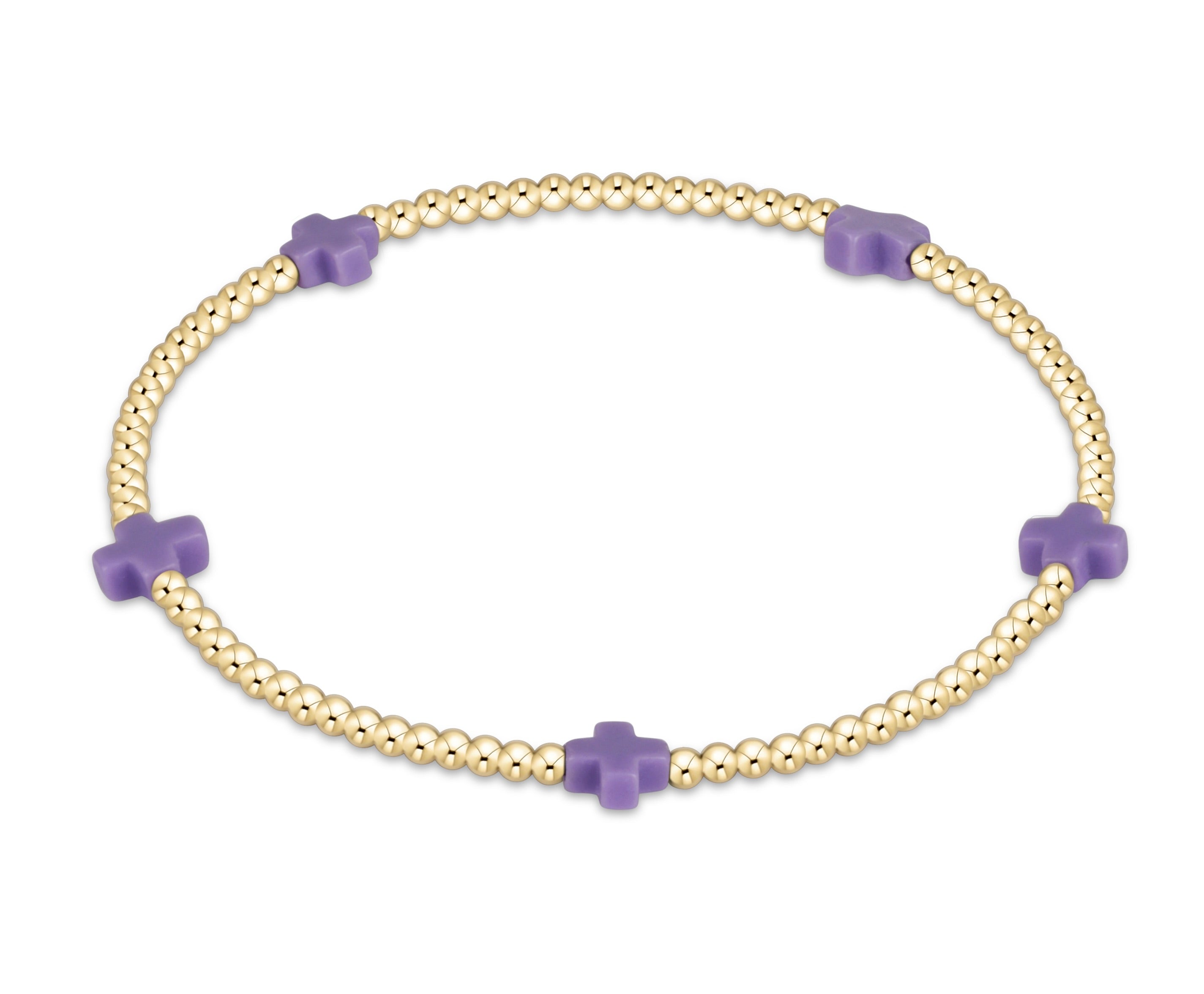 E Newton Purple Signature Cross Small Gold Pattern 2mm Bead Bracelet