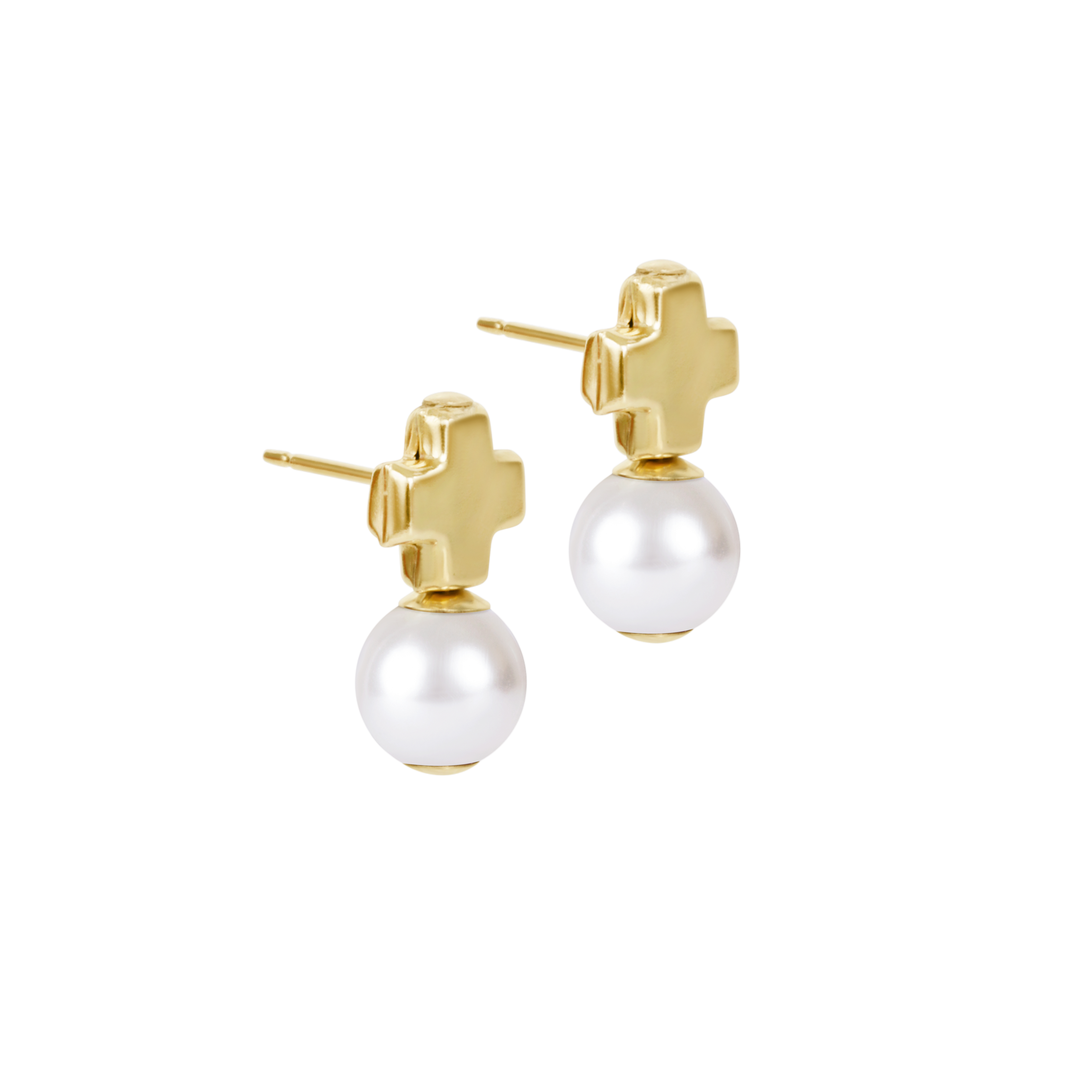 Gold earrings with white pearls on a white background