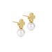 Gold earrings with white pearls on a white background