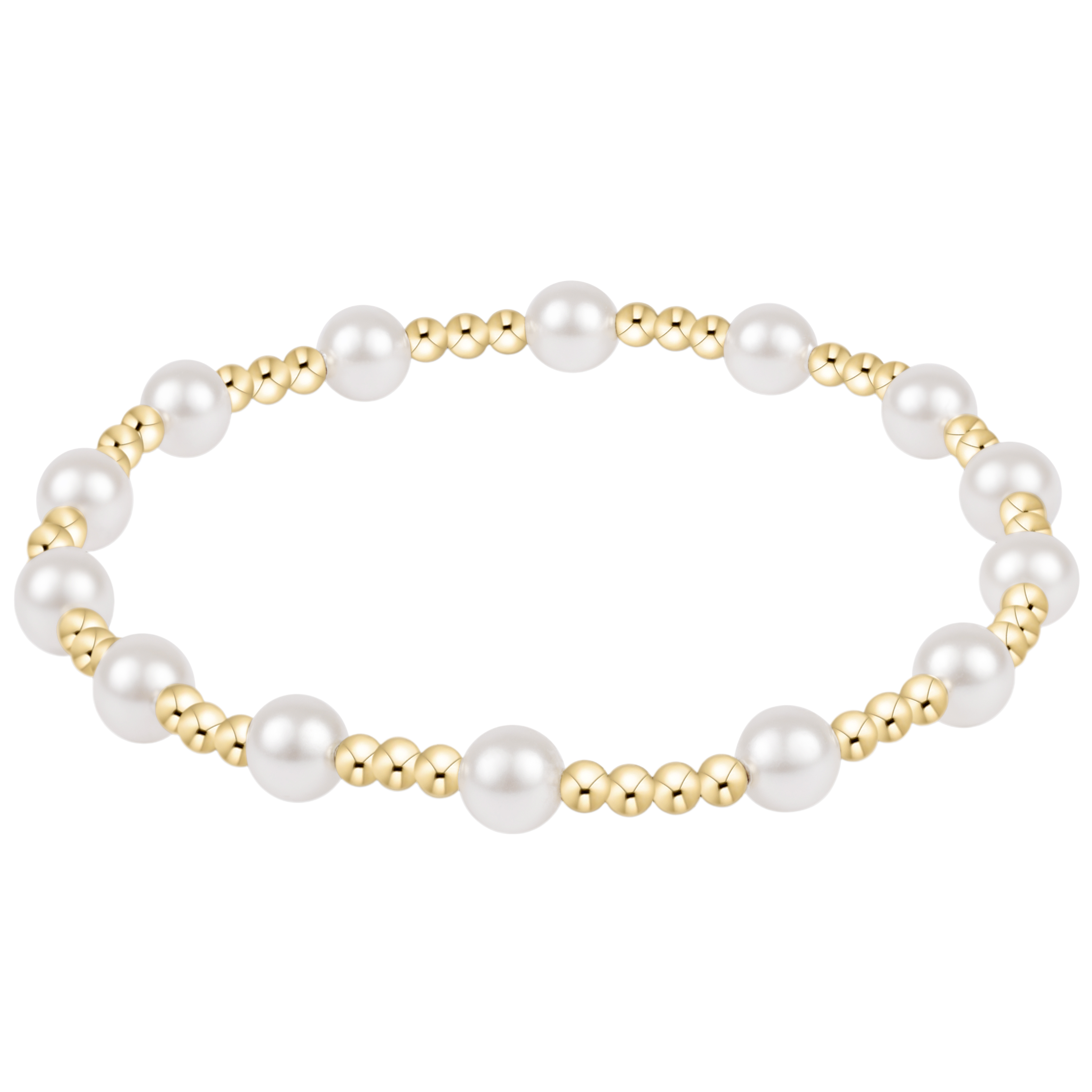 Pearl and gold beaded bracelet on a white background