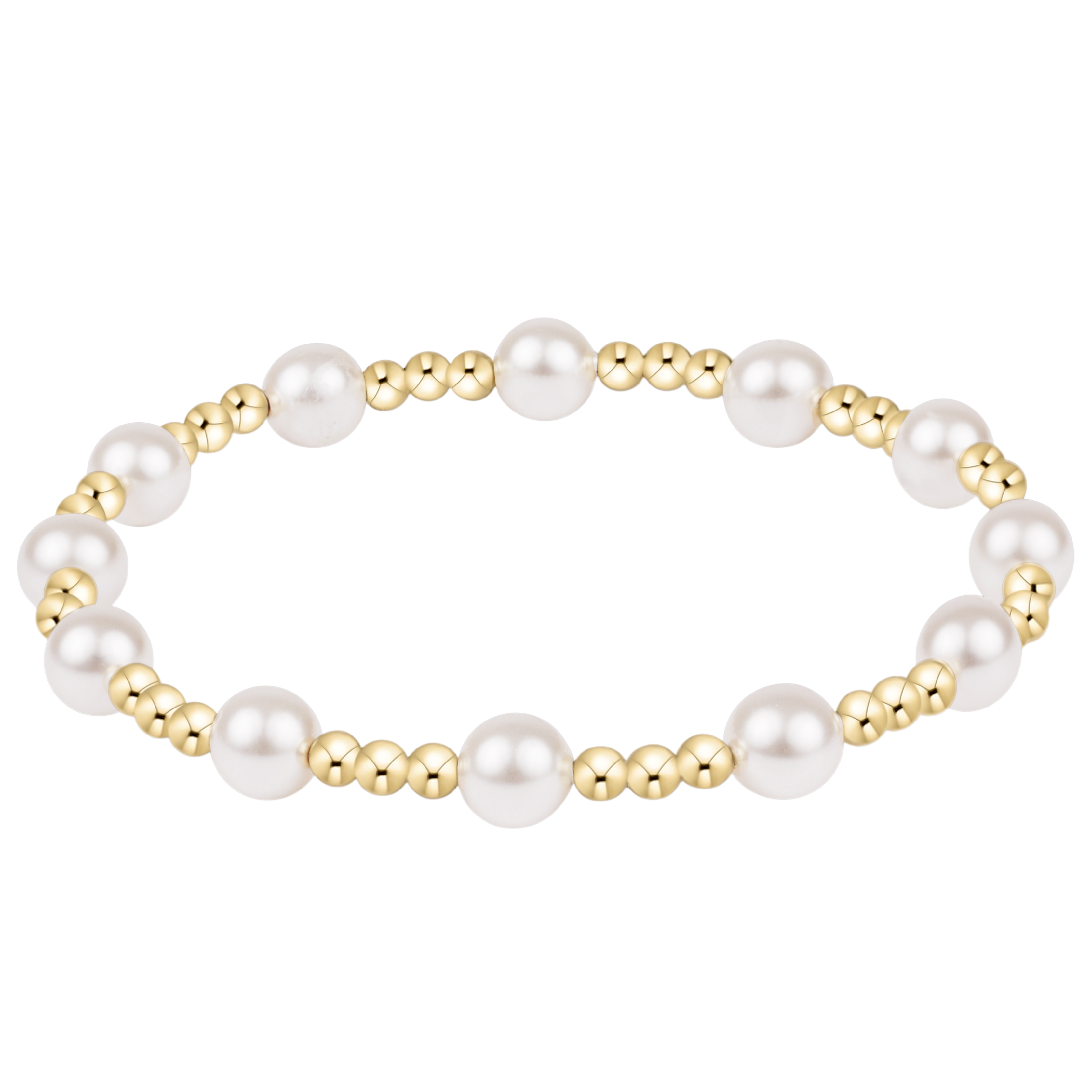 Pearl and gold beaded bracelet on a white background