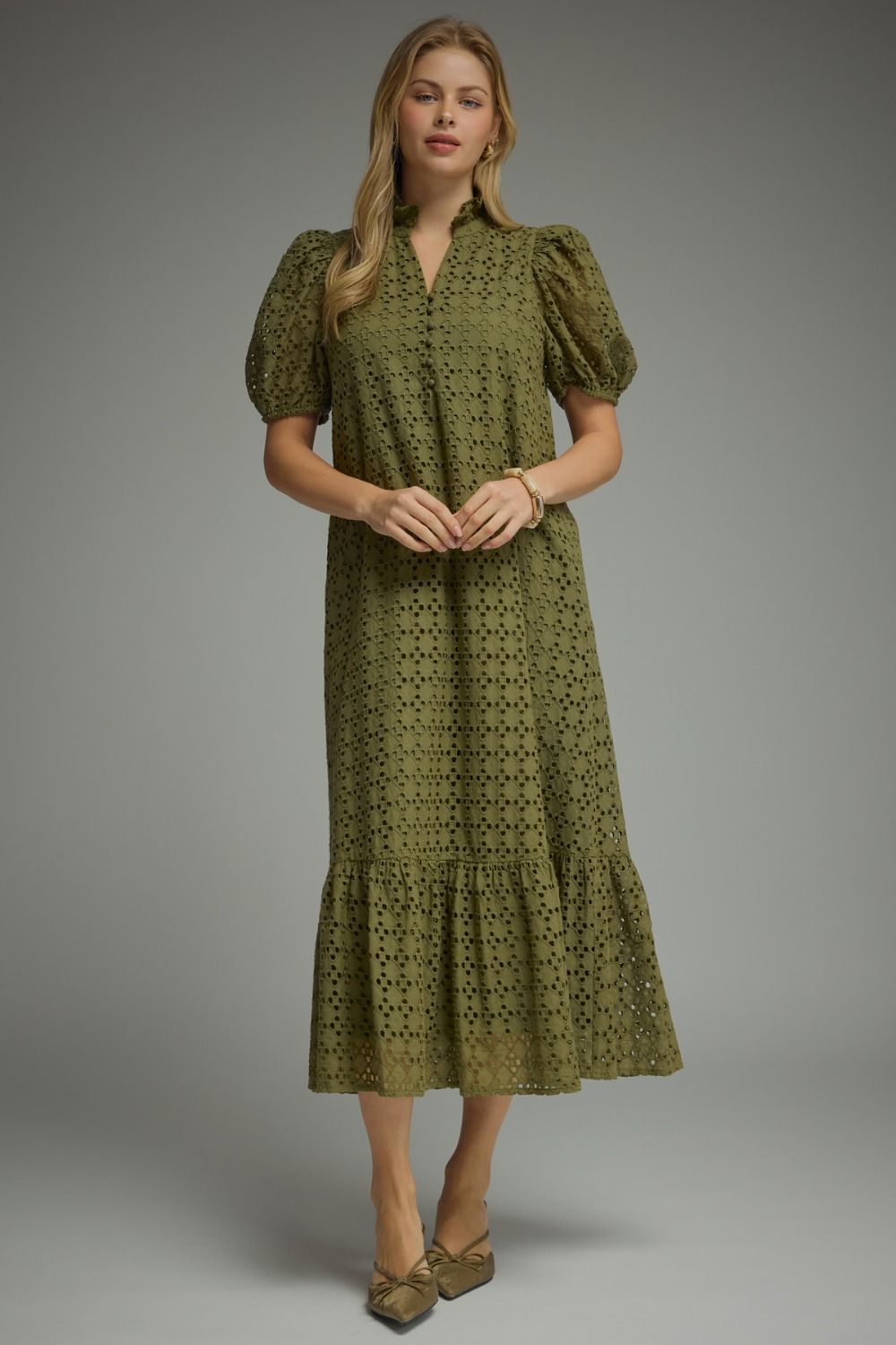 Eyelet Short Puff Sleeve Midi Dress