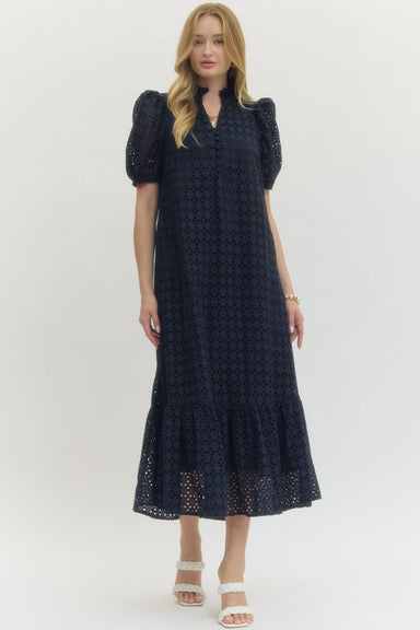 Eyelet Short Puff Sleeve Midi Dress