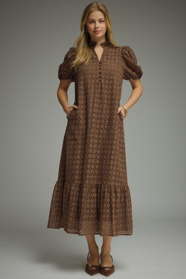 Eyelet Short Puff Sleeve Midi Dress