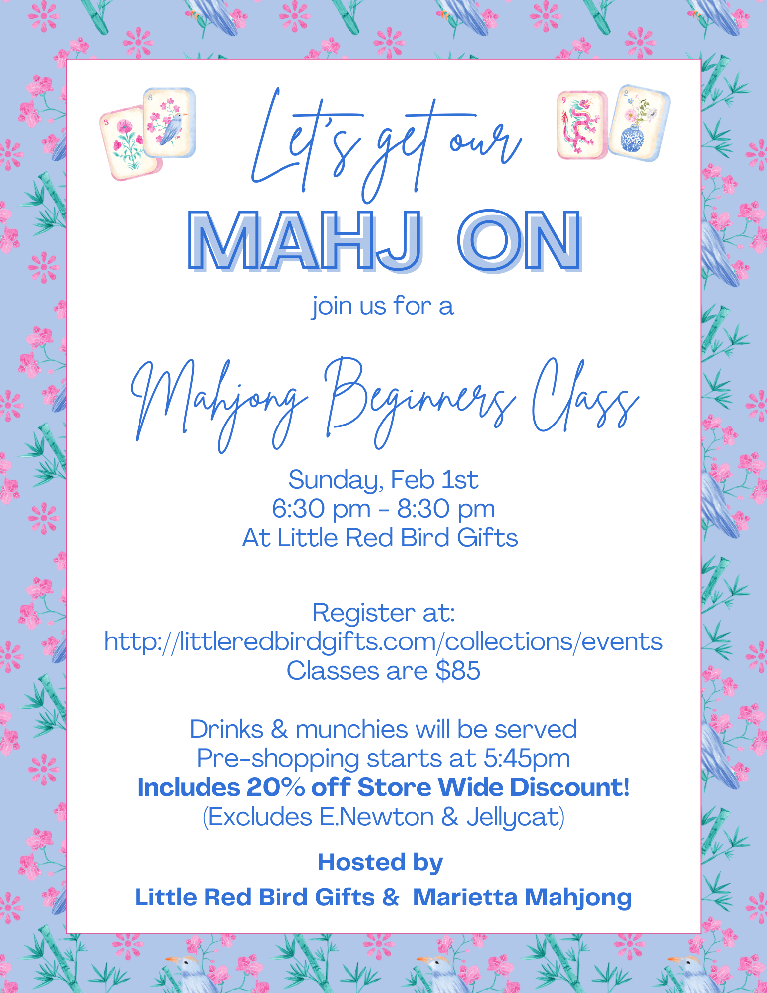 Invitation to a Mahjong Beginners Class with floral border