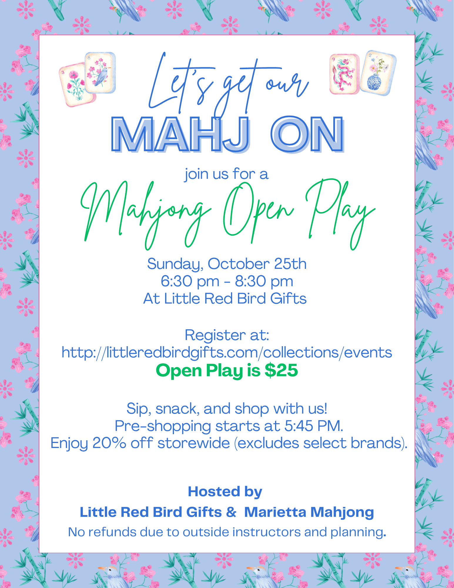 Mahjong Open Play - Sunday, October 25th