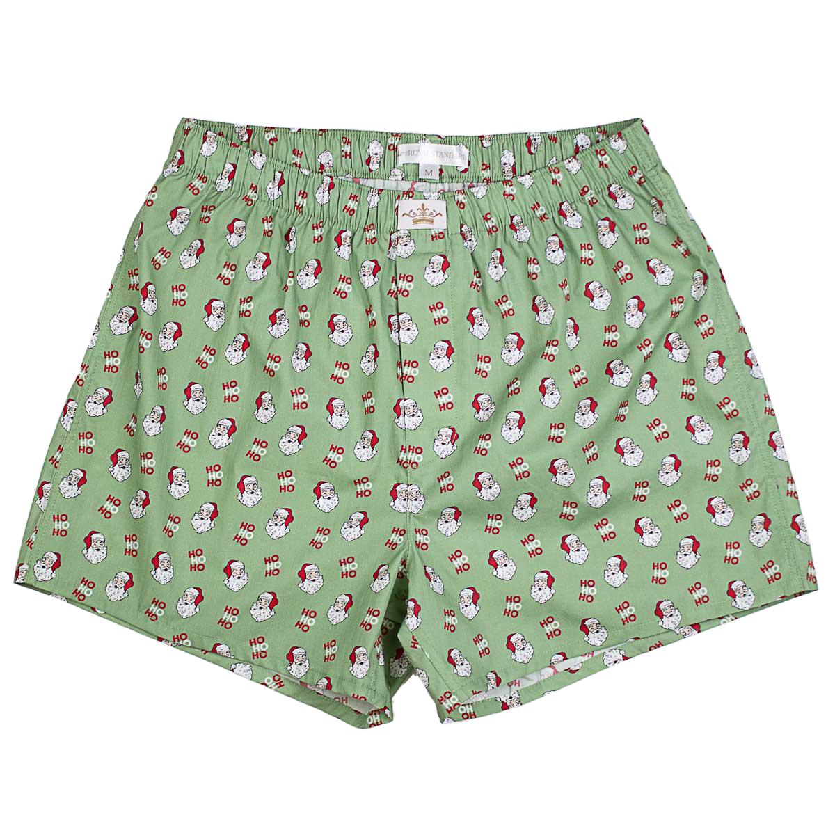 Green boxer briefs with Santa Claus pattern on a white background