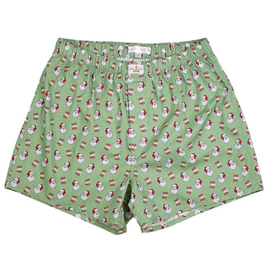 Green boxer briefs with Santa Claus pattern on a white background