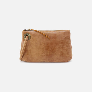 Brown leather clutch bag on a white background
