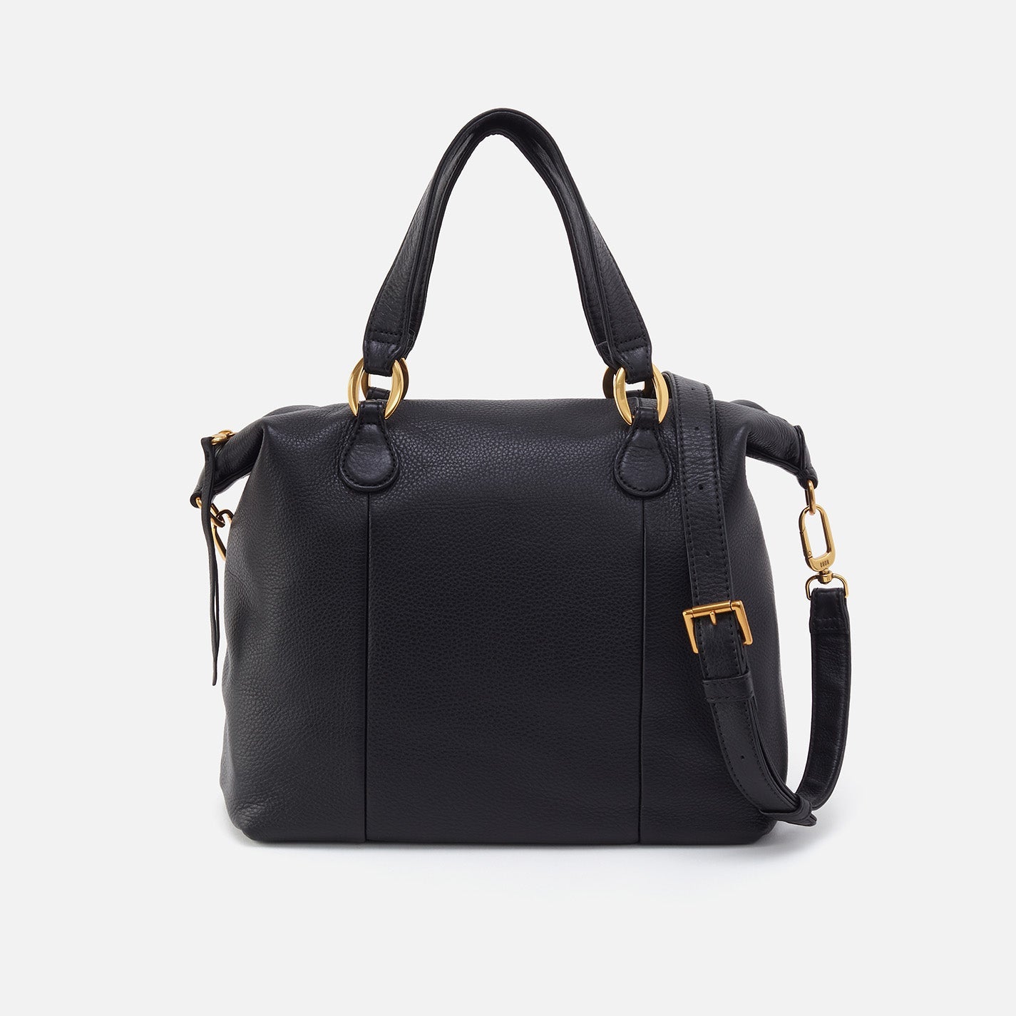 A black leather Hobo Harley Satchel handbag with gold hardware and a shoulder strap.