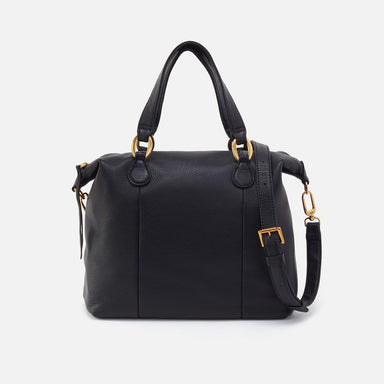 A black leather Hobo Harley Satchel handbag with gold hardware and a shoulder strap.