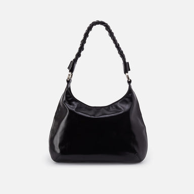 Black handbag with braided handle on a white background