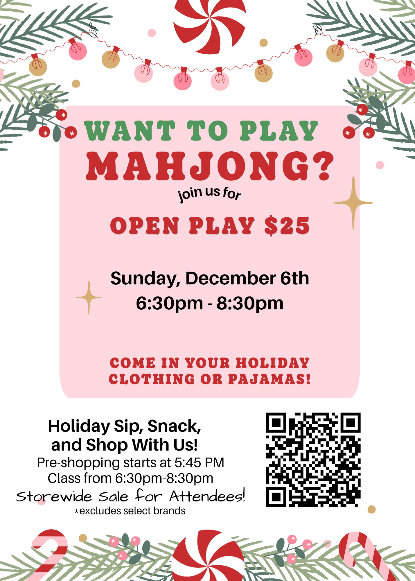 Holiday Mahjong Open Play - Sunday, December 6th