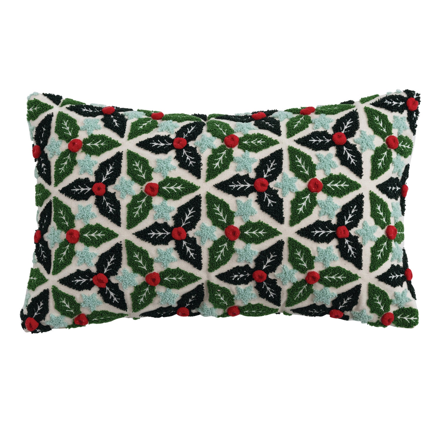 A rectangular lumbar pillow with a pattern of holly leaves and berries in green, red, and black colors.