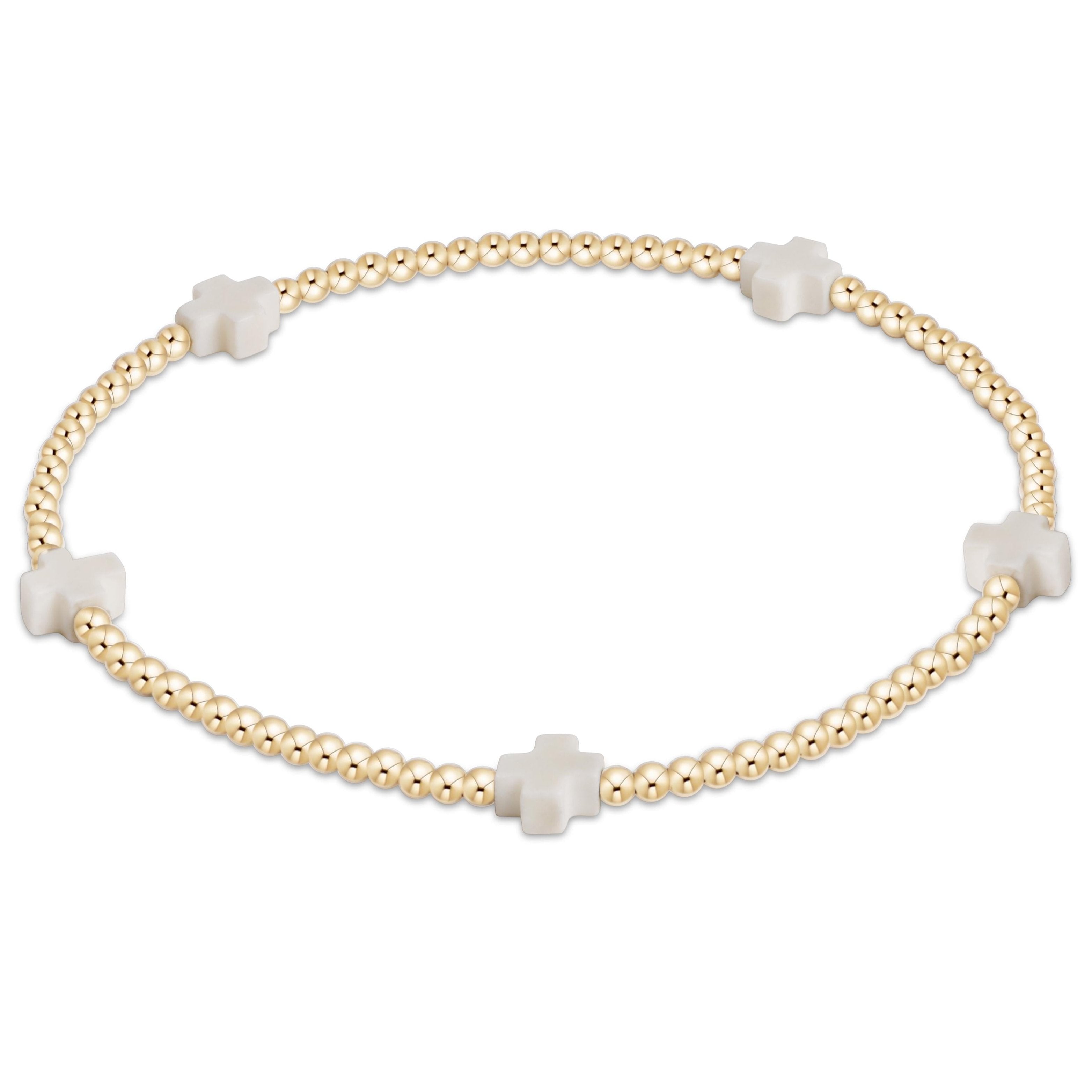 Signature Cross Small Gold Pattern 2mm Bead Bracelet - Off-White