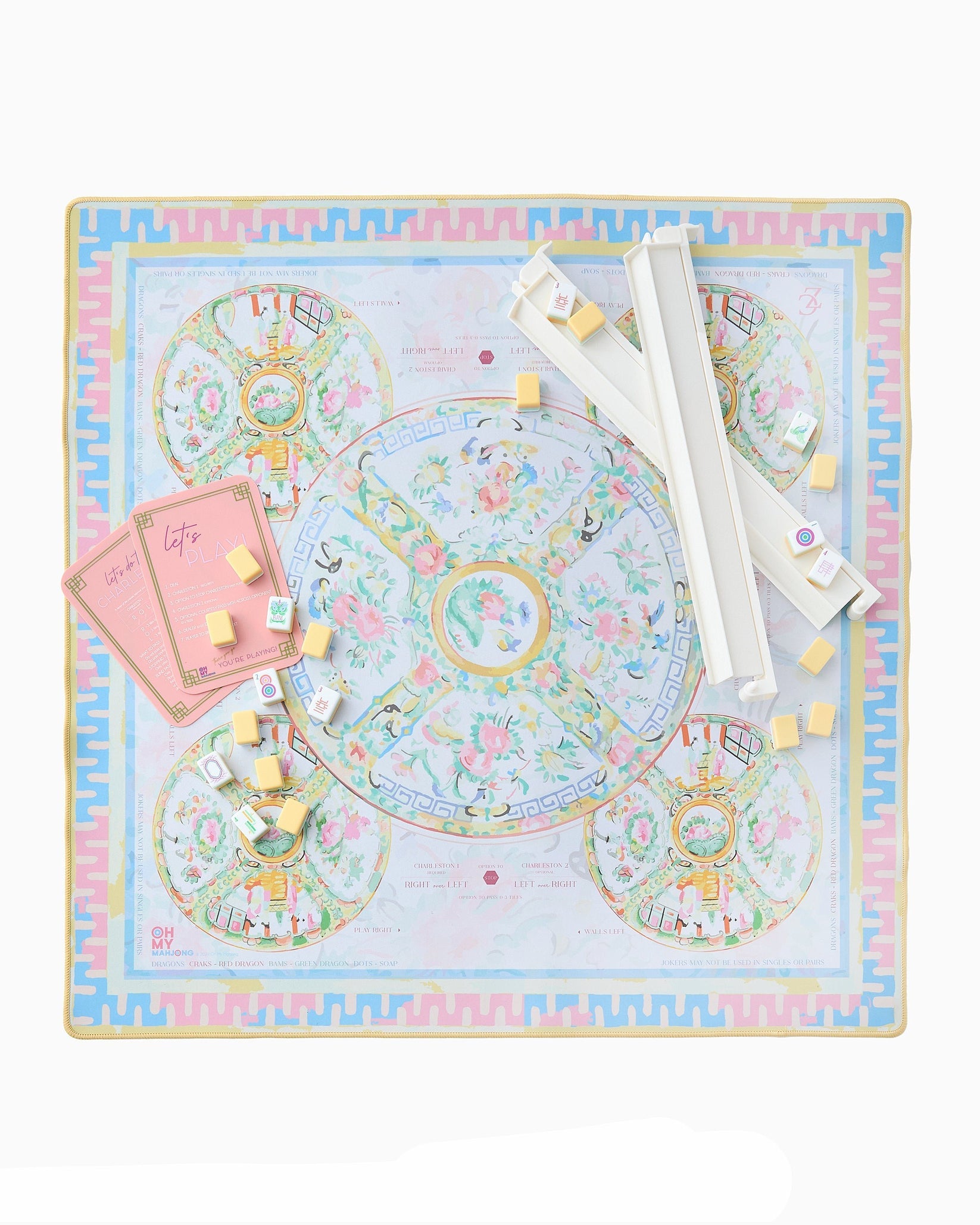 Colorful board game with cards and pieces on a white background