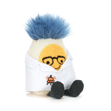 Stuffed toy resembling a scientist with blue hair and glasses on a white background
