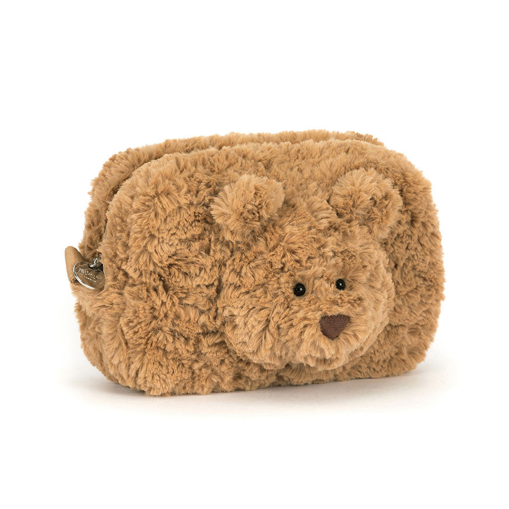 Fluffy brown bear-shaped pouch on a white background