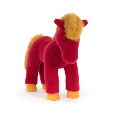 Plush toy horse with red body and yellow mane and hooves on a white background