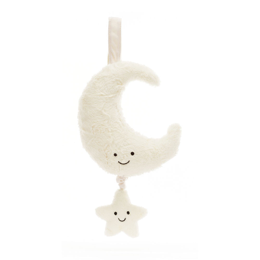 Plush toy with a smiling moon and star on a white background