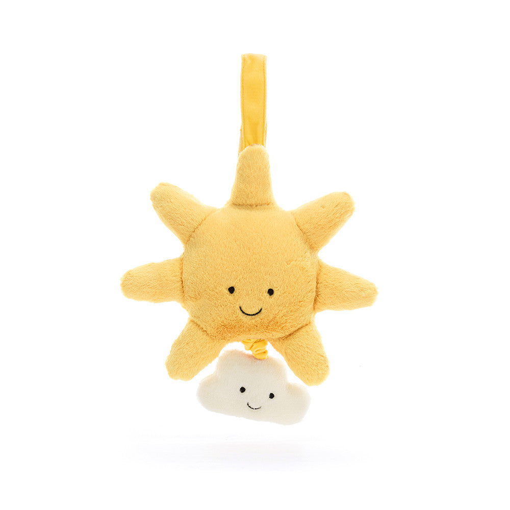 Plush sun-shaped toy with a smiling face on a white background