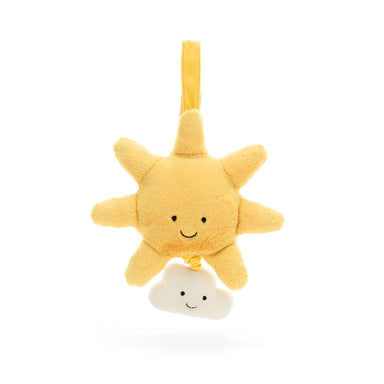 Plush sun-shaped toy with a smiling face on a white background