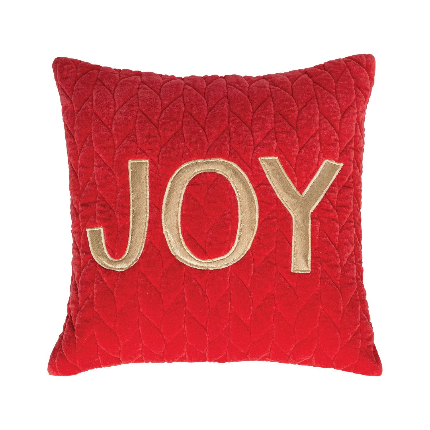 A square-shaped red velvet throw pillow with the word 'JOY' embroidered in gold.