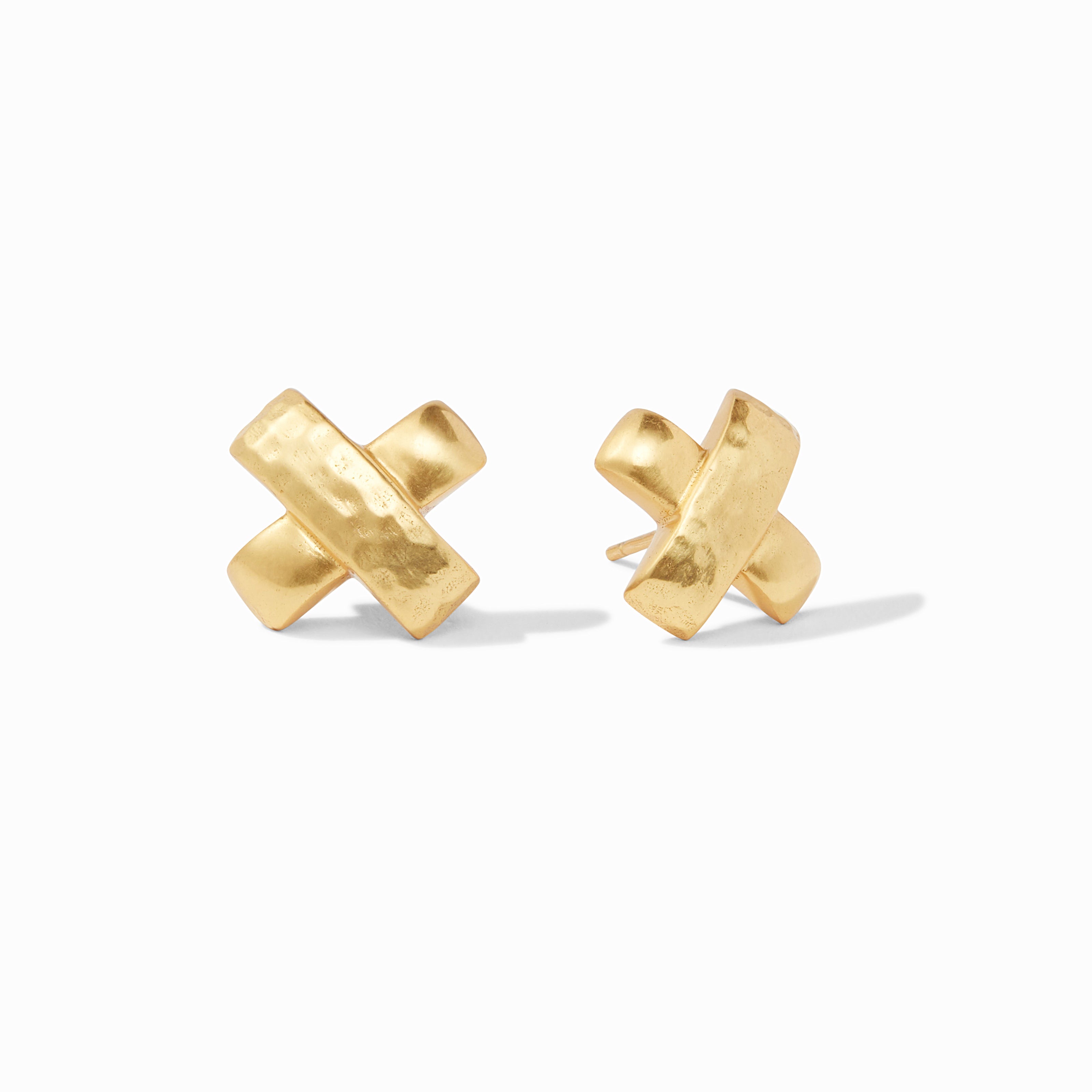 Pair of gold X-shaped earrings on a white background