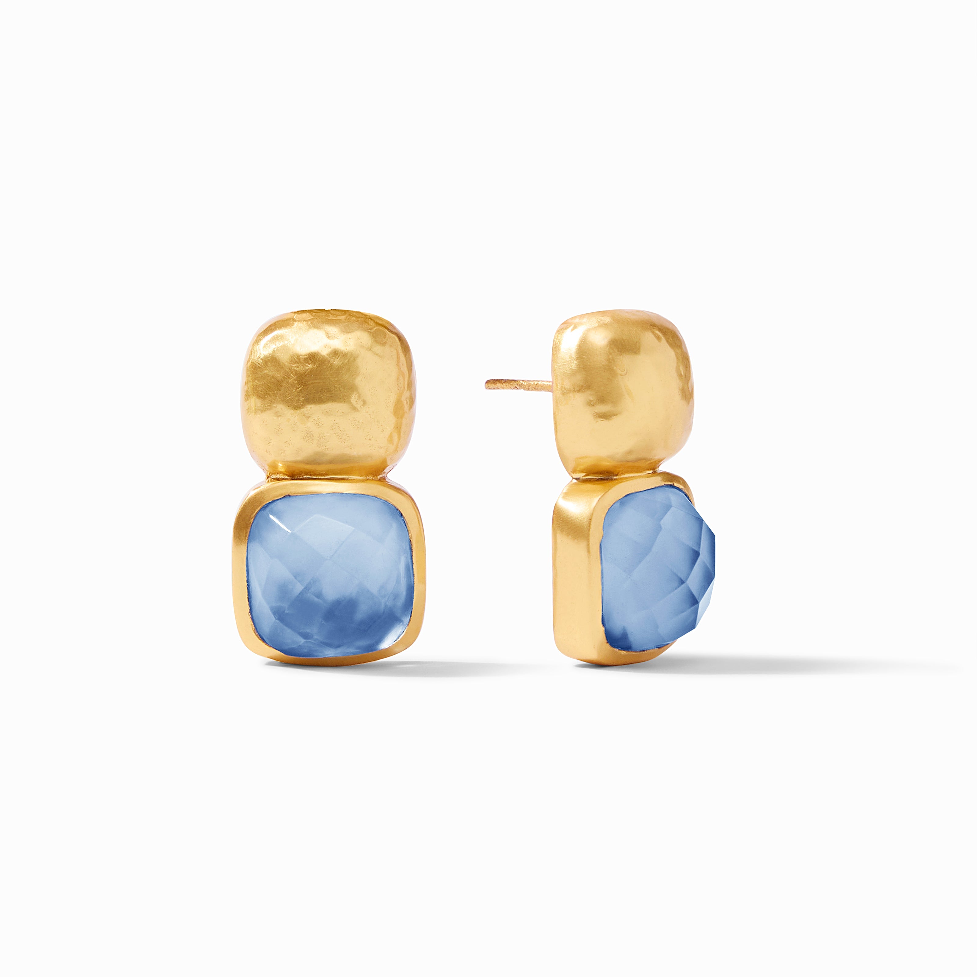 Gold earrings with blue stones on a white background