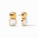 Gold and white earrings on a white background