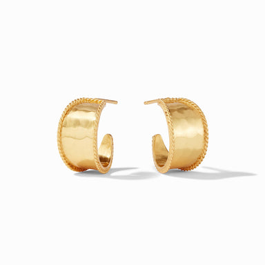 Pair of gold hoop earrings on a white background