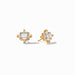 Gold earrings with clear gemstones on a white background