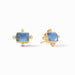 Gold earrings with blue gemstones on a white background