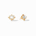 Gold earrings with square gemstones on a white background