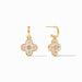Gold and white clover-shaped earrings on a white background