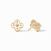 Gold and white floral earrings on a white background