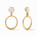 Gold hoop earrings with white stones on a white background