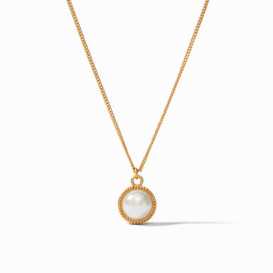 Gold necklace with a pearl pendant on a white background