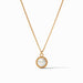 Gold necklace with a pearl pendant on a white background