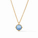 Gold necklace with a blue pendant on a white background