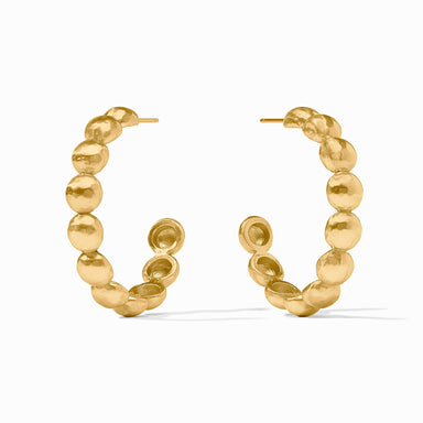 Gold hoop earrings with a textured design on a white background