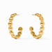 Gold hoop earrings with a textured design on a white background