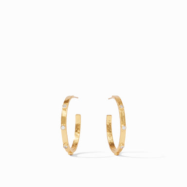 Gold hoop earrings with small diamonds on a white background