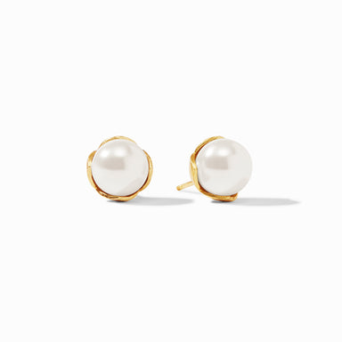Pearl earrings with gold rims on a white background