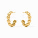 Gold hoop earrings with a textured design on a white background