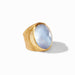 Gold ring with a blue stone on a white background