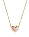 Heart-shaped pendant necklace with pink stone on a gold chain against a white background
