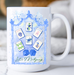 White mug with Mahjong-themed design featuring tiles and dice on a light background