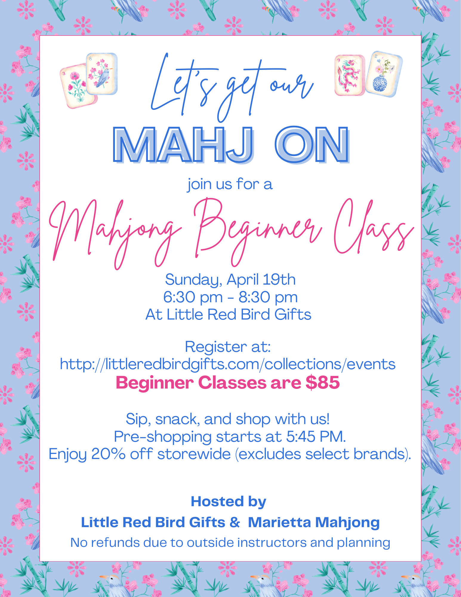 Invitation to a Mahjong beginner class with floral border