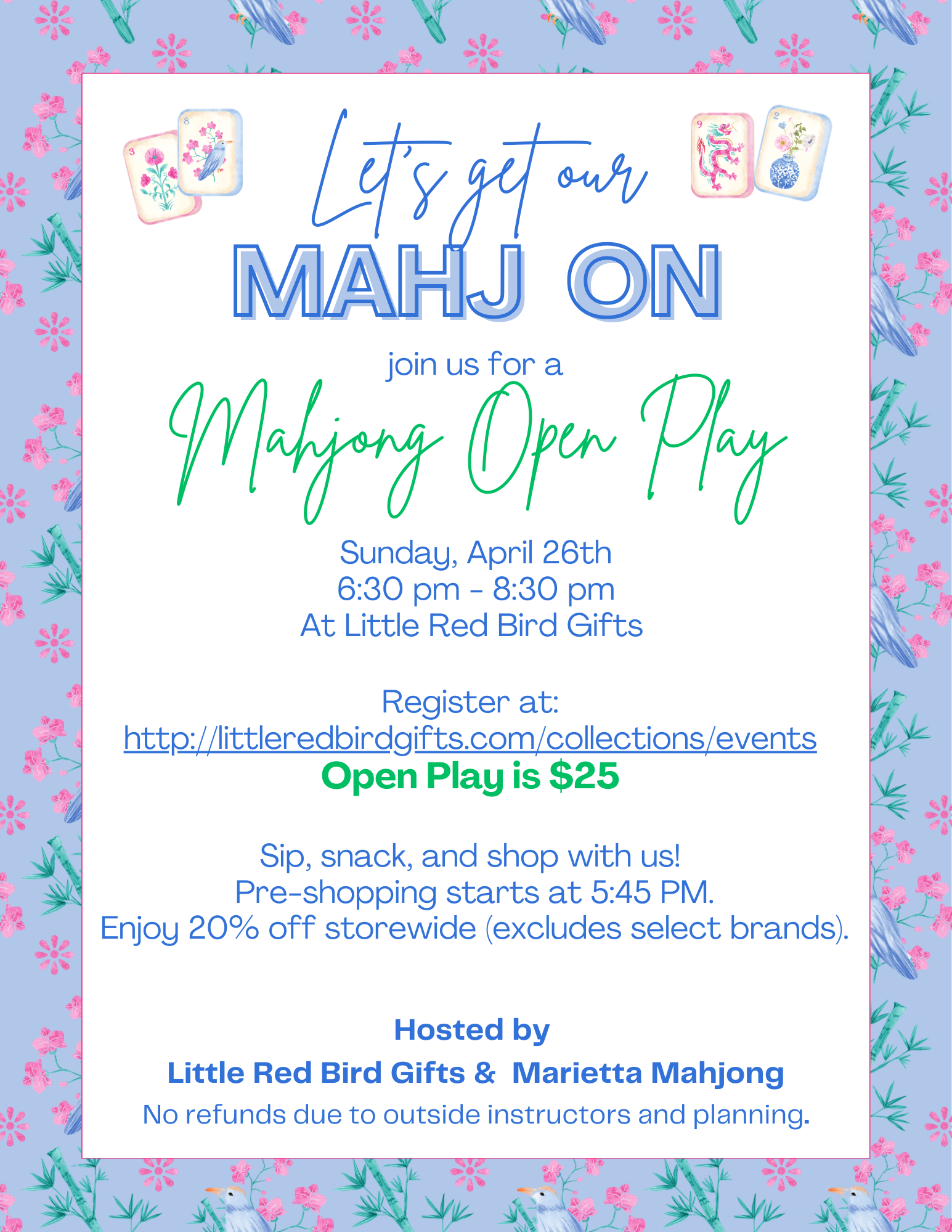 Invitation to a Mahjong Open Play event with decorative border and text details.